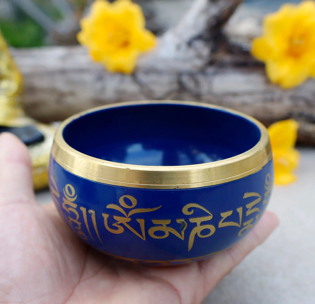Tibetan Singing Bowl Set with Om Mani Padme Hum Mantra | 4 Inch Meditation Bowl with Rosewood Mallet & Cushion~ - DharmaObjects