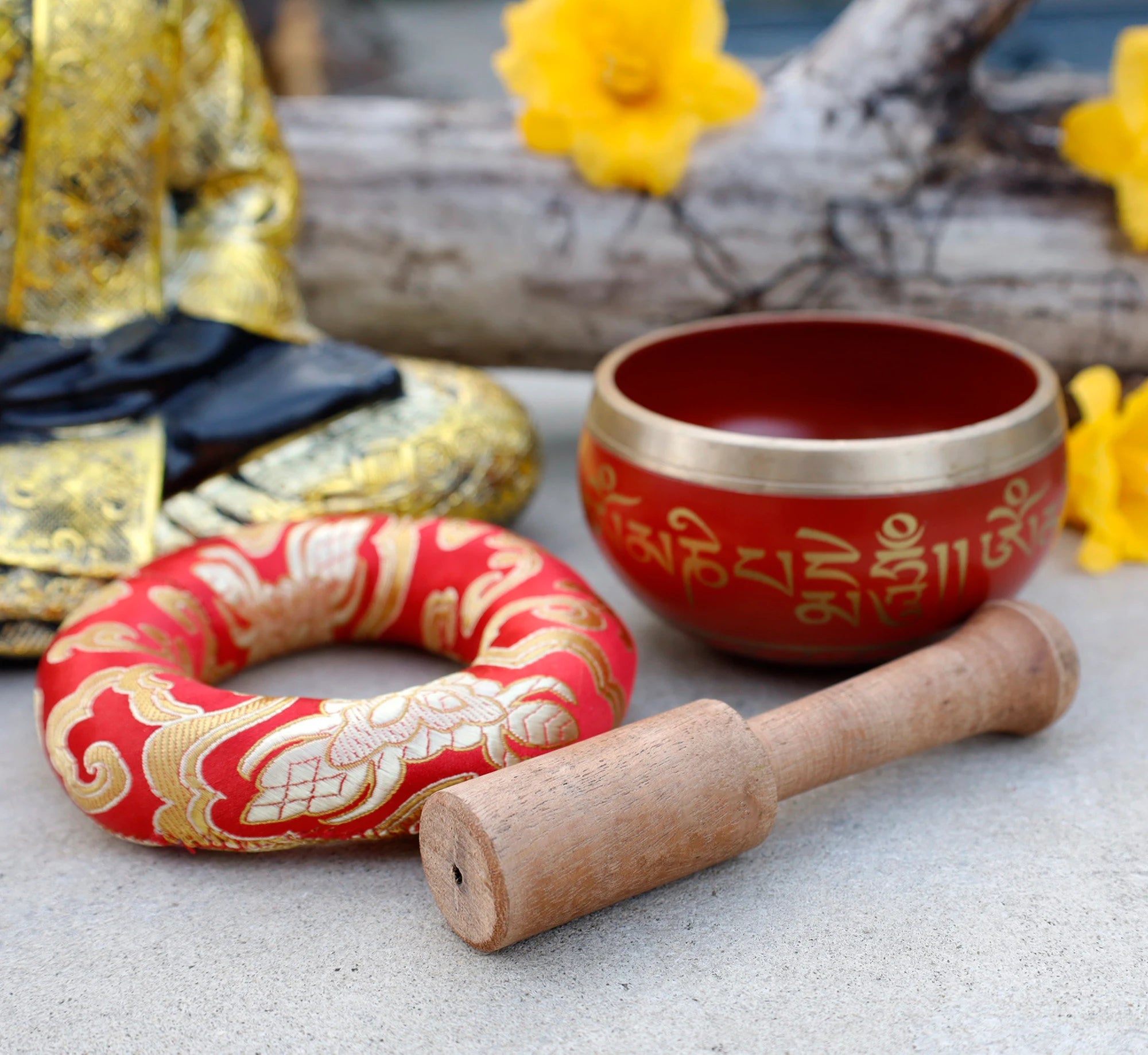 Tibetan Singing Bowl Set with Om Mani Padme Hum Mantra | 4 Inch Meditation Bowl with Rosewood Mallet & Cushion~ - DharmaObjects
