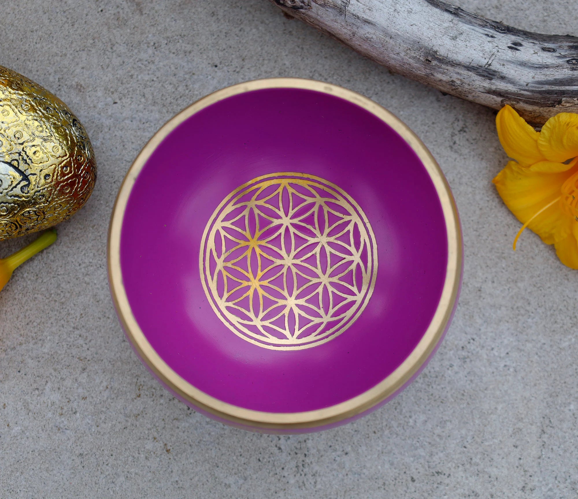 Medium Tibetan Flower of Life Singing Bowl Set | 4.5 Inch Meditation Bowl with Mallet & Cushion | Handcrafted India - DharmaObjects