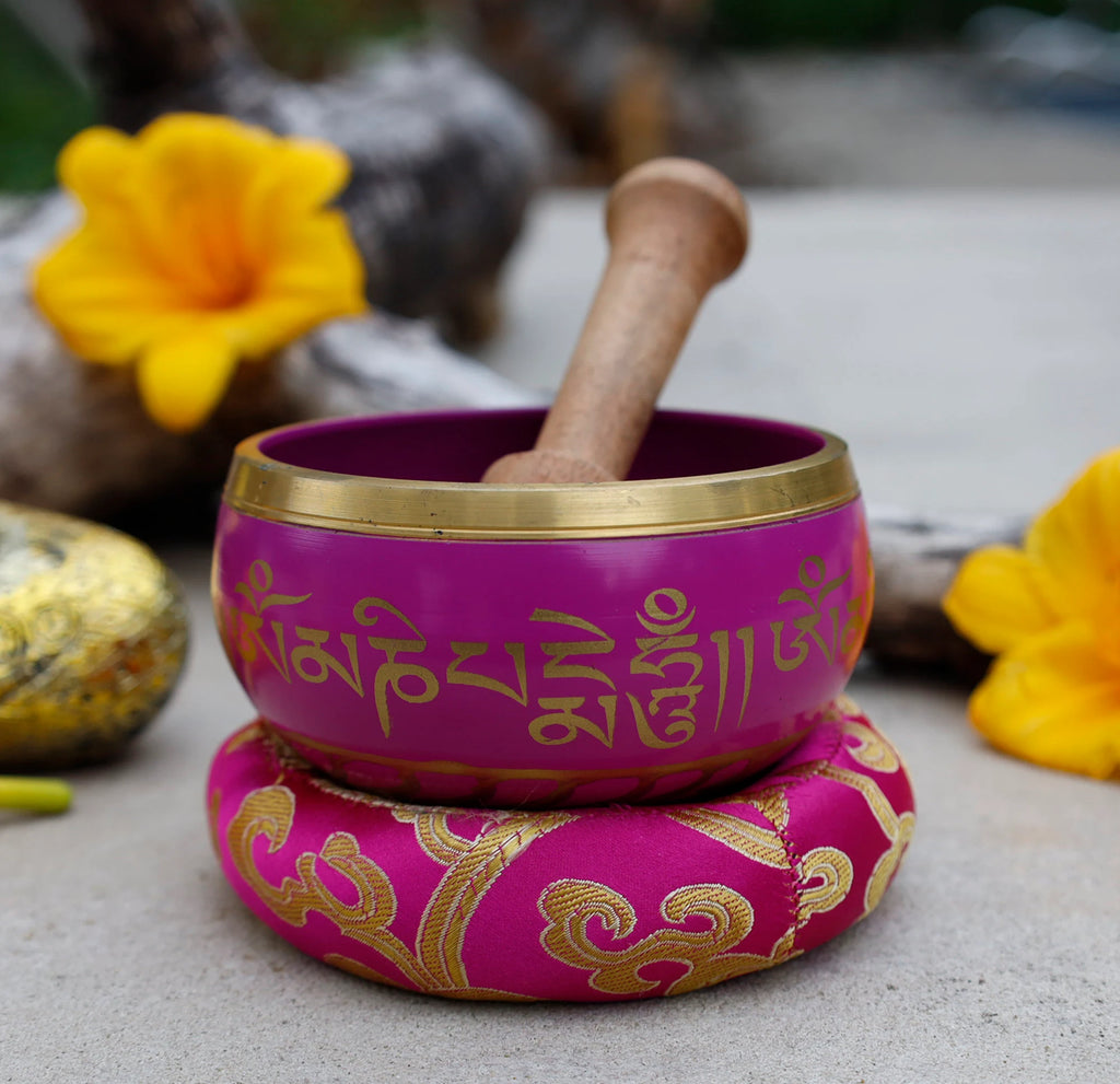 Dark Purple Tibetan Singing Bowl Set with Om Mani Padme Hum | 3.25 Inch Meditation Bowl with Rosewood Mallet & Cushion - DharmaObjects