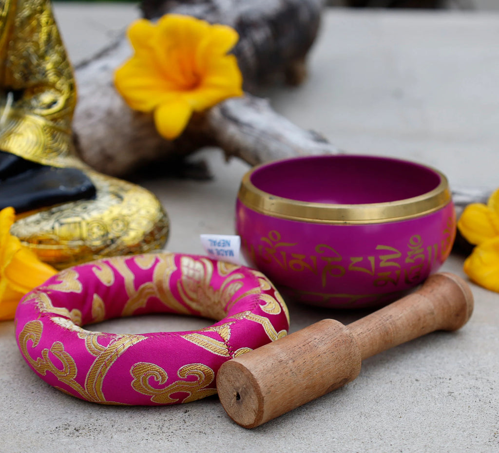 Dark Purple Tibetan Singing Bowl Set with Om Mani Padme Hum | 3.25 Inch Meditation Bowl with Rosewood Mallet & Cushion - DharmaObjects