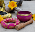 Dark Purple Tibetan Singing Bowl Set with Om Mani Padme Hum | 3.25 Inch Meditation Bowl with Rosewood Mallet & Cushion - DharmaObjects