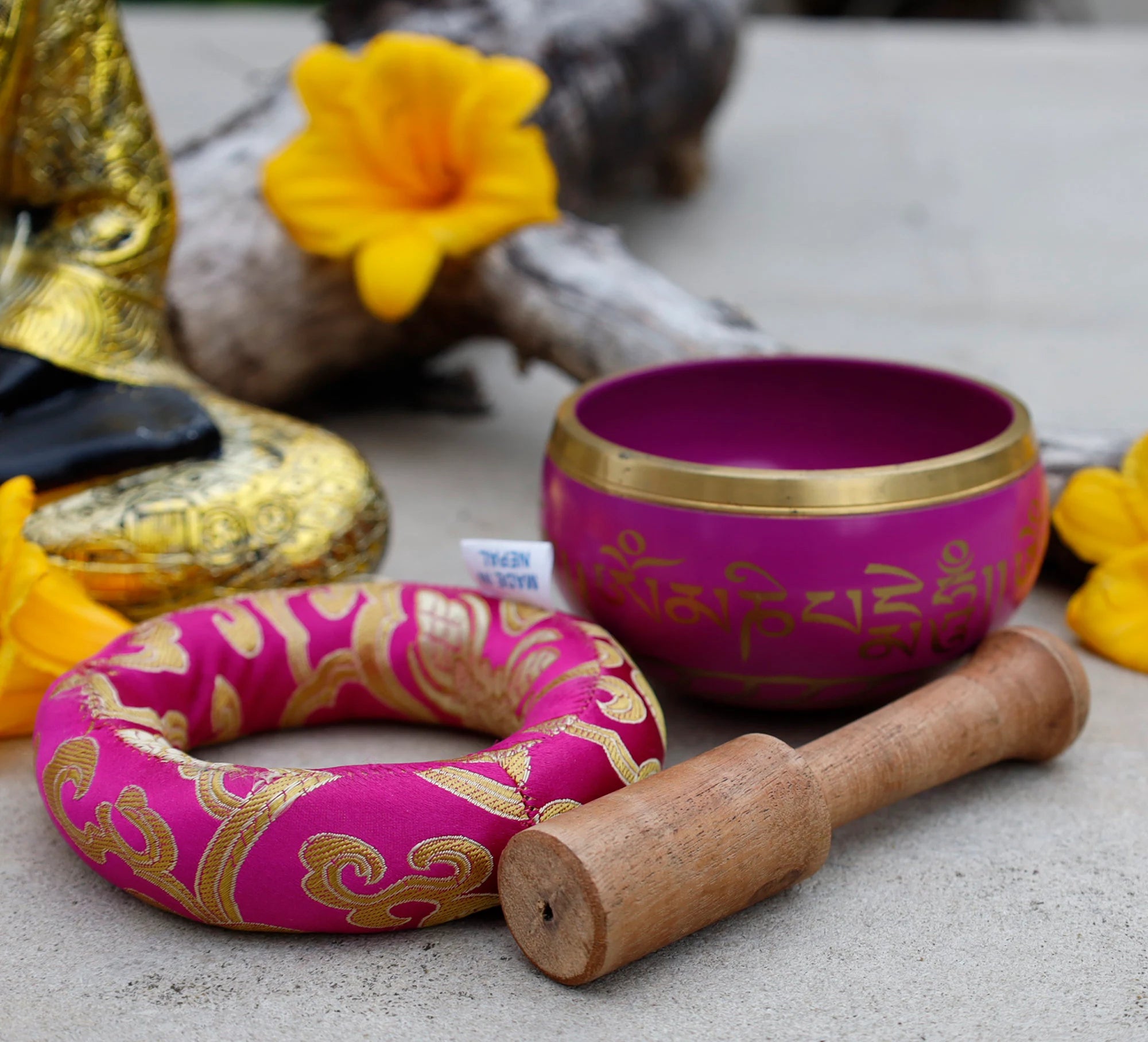 Dark Purple Tibetan Singing Bowl Set with Om Mani Padme Hum | 3.25 Inch Meditation Bowl with Rosewood Mallet & Cushion - DharmaObjects