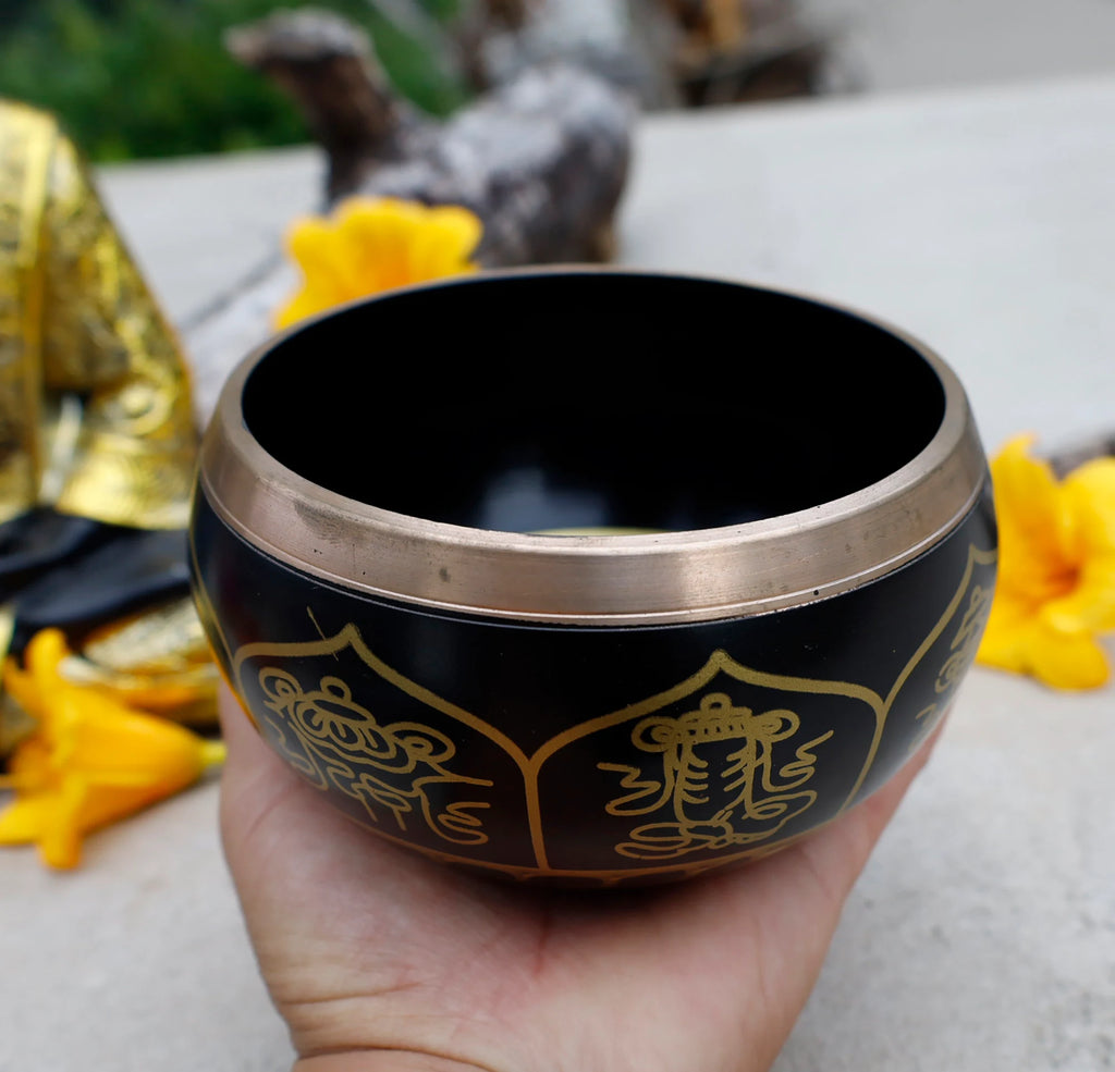 Large Tibetan Singing Bowl Set with 8 Lucky Symbols | 5 Inch Meditation Bowl with Suede Mallet, Donut Cushion & Prayer Flags - DharmaObjects