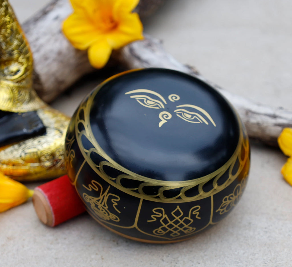 Large Tibetan Singing Bowl Set with 8 Lucky Symbols | 5 Inch Meditation Bowl with Suede Mallet, Donut Cushion & Prayer Flags - DharmaObjects