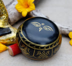 Large Tibetan Singing Bowl Set with 8 Lucky Symbols | 5 Inch Meditation Bowl with Suede Mallet, Donut Cushion & Prayer Flags - DharmaObjects