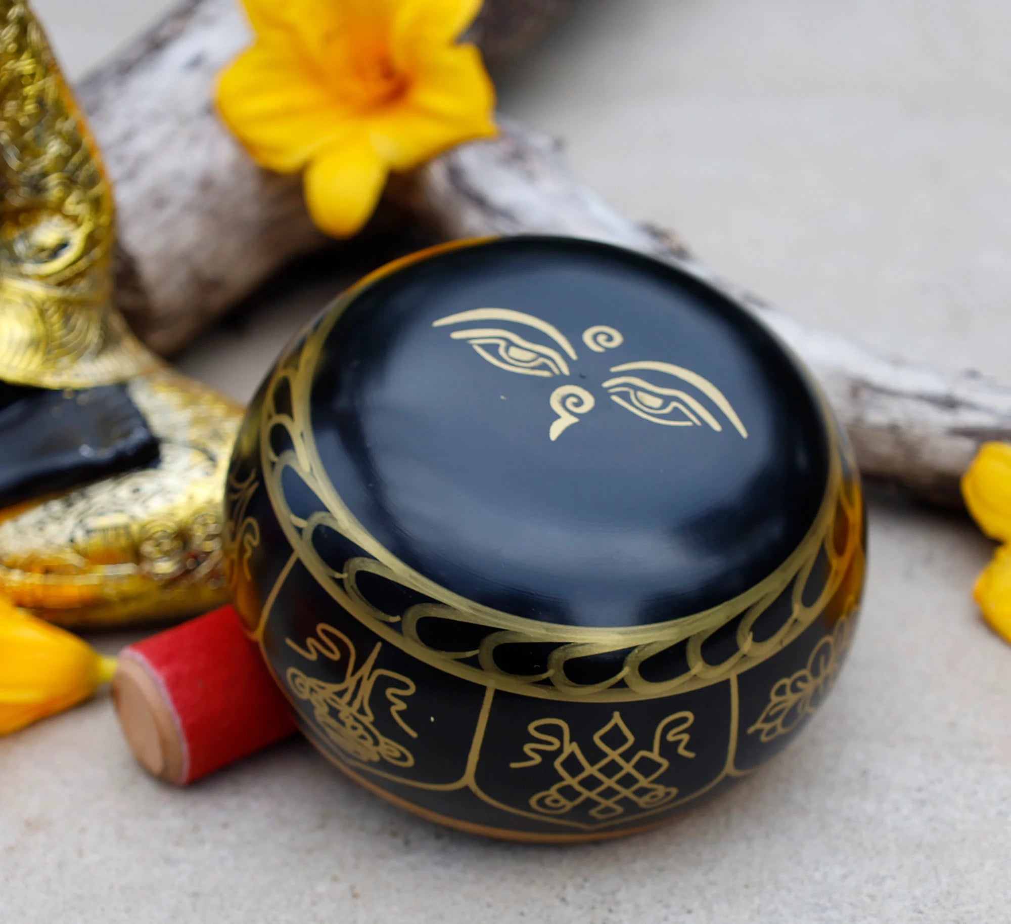 Large Tibetan Singing Bowl Set with 8 Lucky Symbols | 5 Inch Meditation Bowl with Suede Mallet, Donut Cushion & Prayer Flags - DharmaObjects