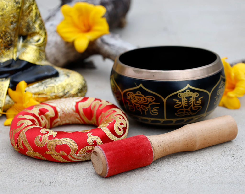 Large Tibetan Singing Bowl Set with 8 Lucky Symbols | 5 Inch Meditation Bowl with Suede Mallet, Donut Cushion & Prayer Flags - DharmaObjects