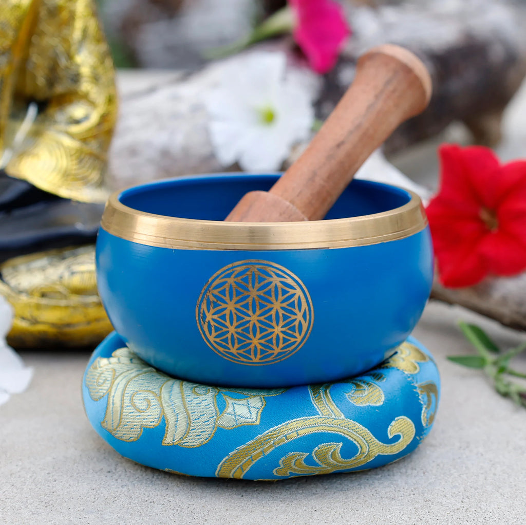 Tibetan Flower of Life Singing Bowl Set | 4 Inch Meditation Bowl with Mallet & Cushion | Handcrafted in India - DharmaObjects