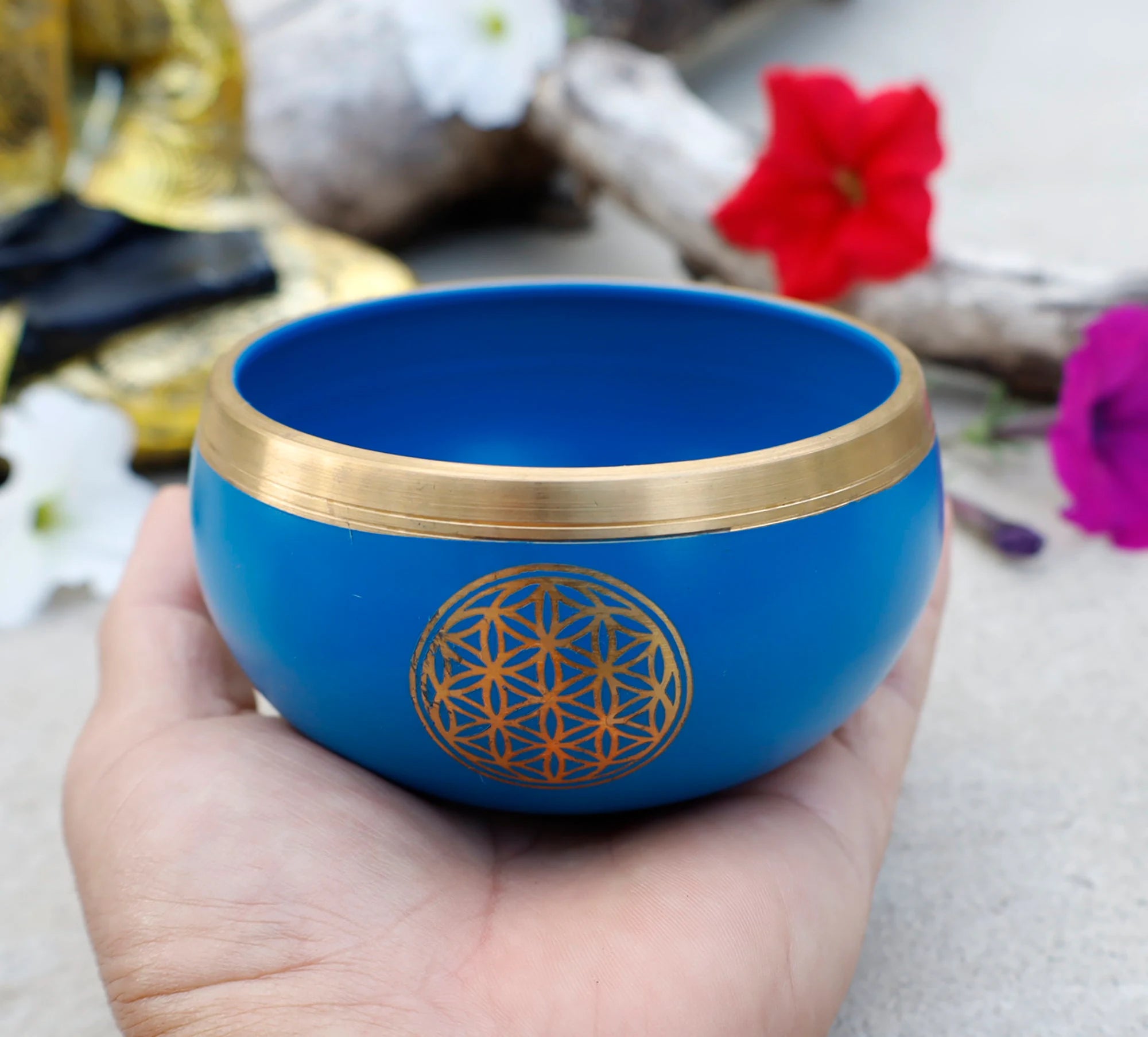 Tibetan Flower of Life Singing Bowl Set | 4 Inch Meditation Bowl with Mallet & Cushion | Handcrafted in India - DharmaObjects