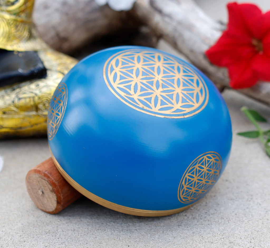 Tibetan Flower of Life Singing Bowl Set | 4 Inch Meditation Bowl with Mallet & Cushion | Handcrafted in India - DharmaObjects