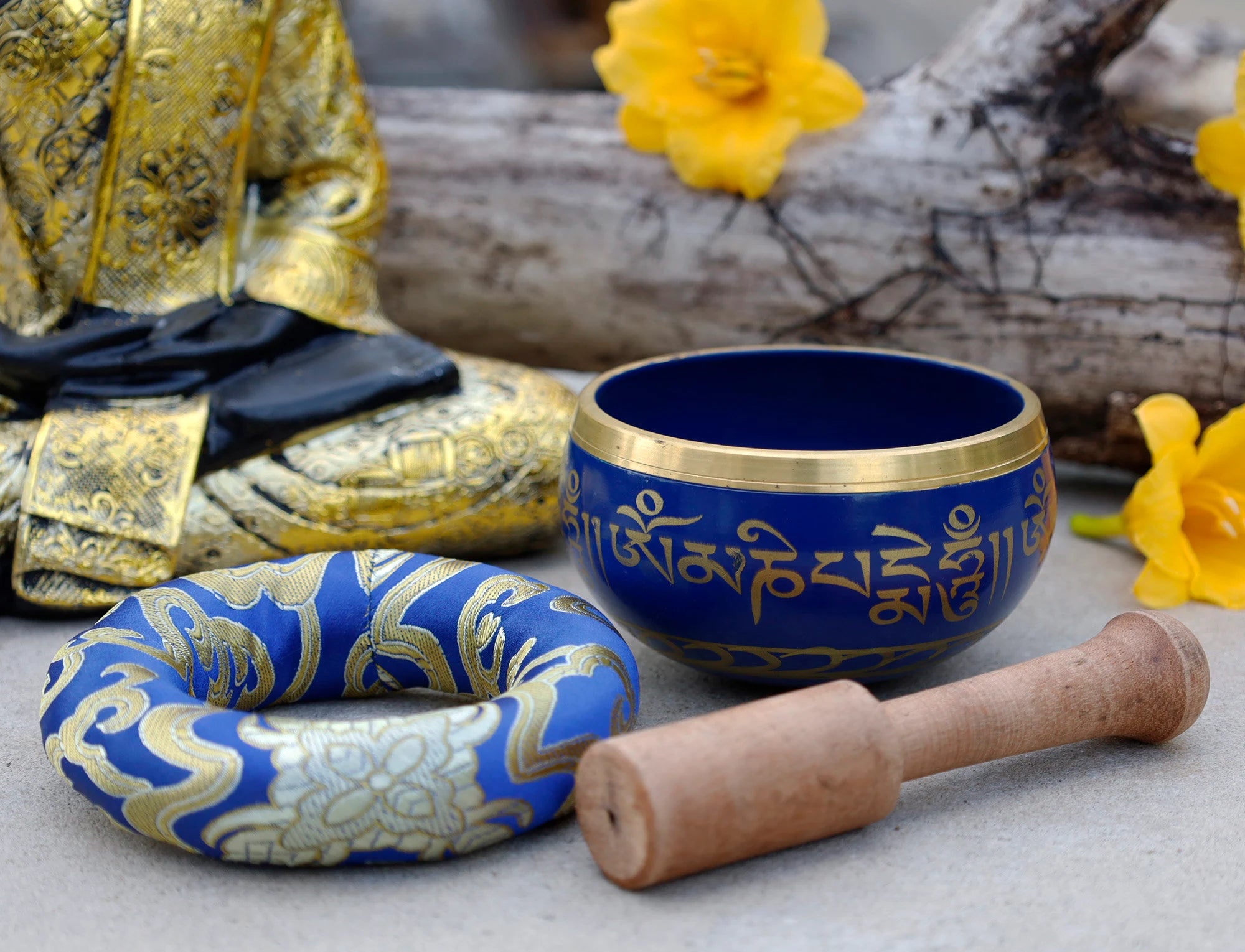 Tibetan Singing Bowl Set with Om Mani Padme Hum Mantra | 4 Inch Meditation Bowl with Rosewood Mallet & Cushion~ - DharmaObjects
