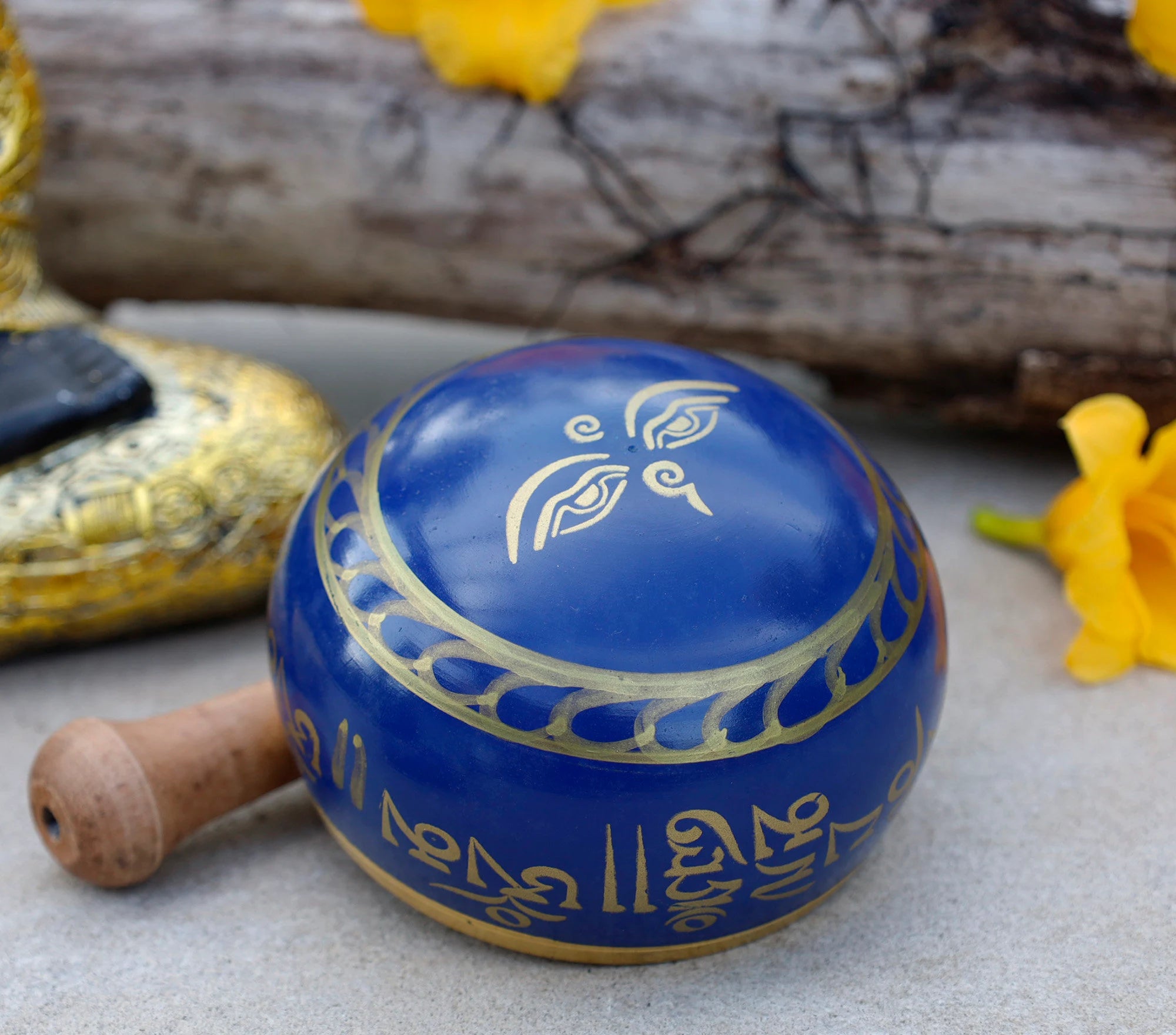 Tibetan Singing Bowl Set with Om Mani Padme Hum Mantra | 4 Inch Meditation Bowl with Rosewood Mallet & Cushion~ - DharmaObjects