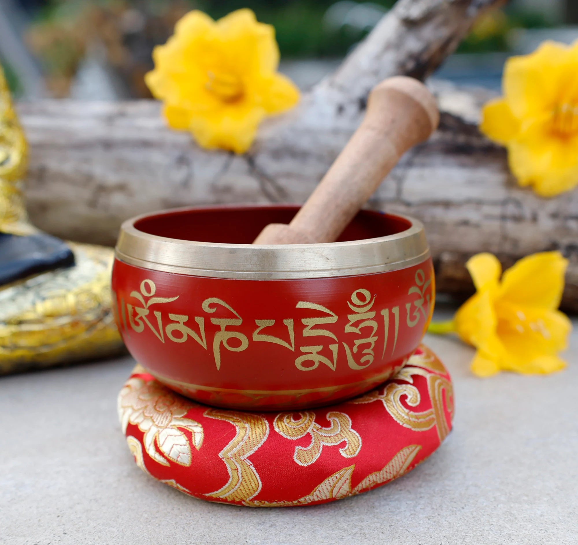 Tibetan Singing Bowl Set with Om Mani Padme Hum Mantra | 4 Inch Meditation Bowl with Rosewood Mallet & Cushion~ - DharmaObjects