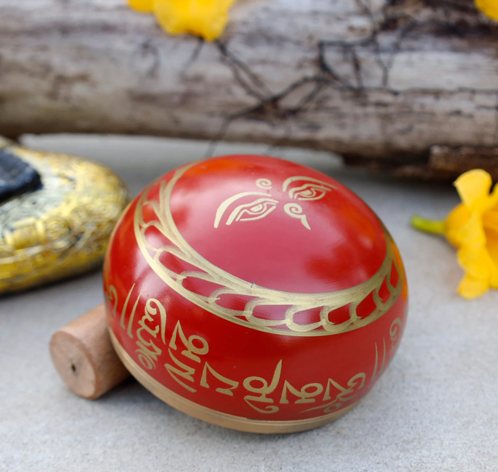 Tibetan Singing Bowl Set with Om Mani Padme Hum Mantra | 4 Inch Meditation Bowl with Rosewood Mallet & Cushion~ - DharmaObjects