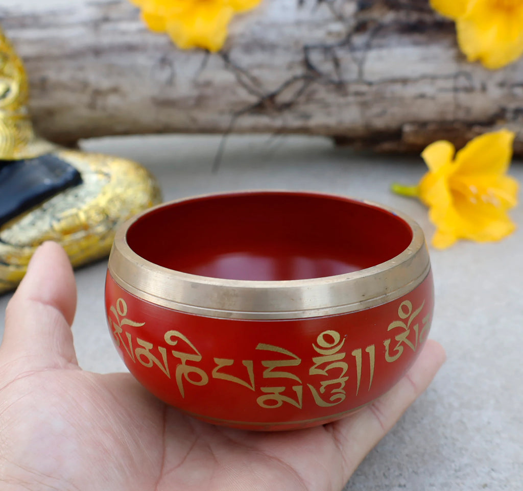 Tibetan Singing Bowl Set with Om Mani Padme Hum Mantra | 4 Inch Meditation Bowl with Rosewood Mallet & Cushion~ - DharmaObjects