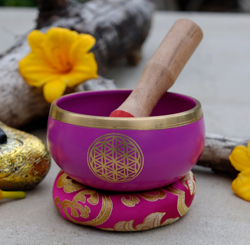 Medium Tibetan Flower of Life Singing Bowl Set | 4.5 Inch Meditation Bowl with Mallet & Cushion | Handcrafted India - DharmaObjects