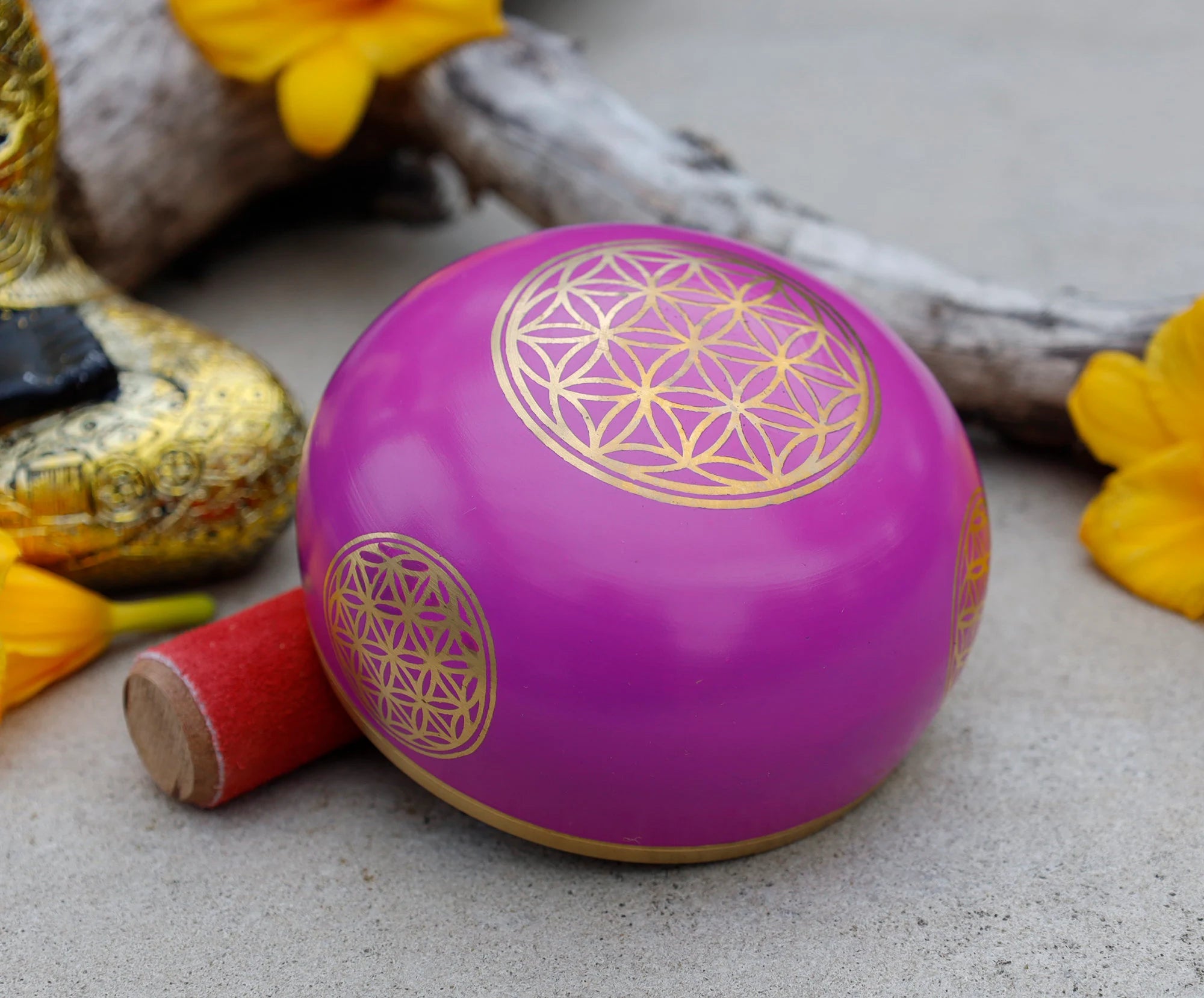 Medium Tibetan Flower of Life Singing Bowl Set | 4.5 Inch Meditation Bowl with Mallet & Cushion | Handcrafted India - DharmaObjects