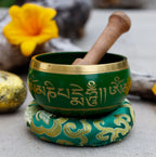 Dark Purple Tibetan Singing Bowl Set with Om Mani Padme Hum | 3.25 Inch Meditation Bowl with Rosewood Mallet & Cushion - DharmaObjects