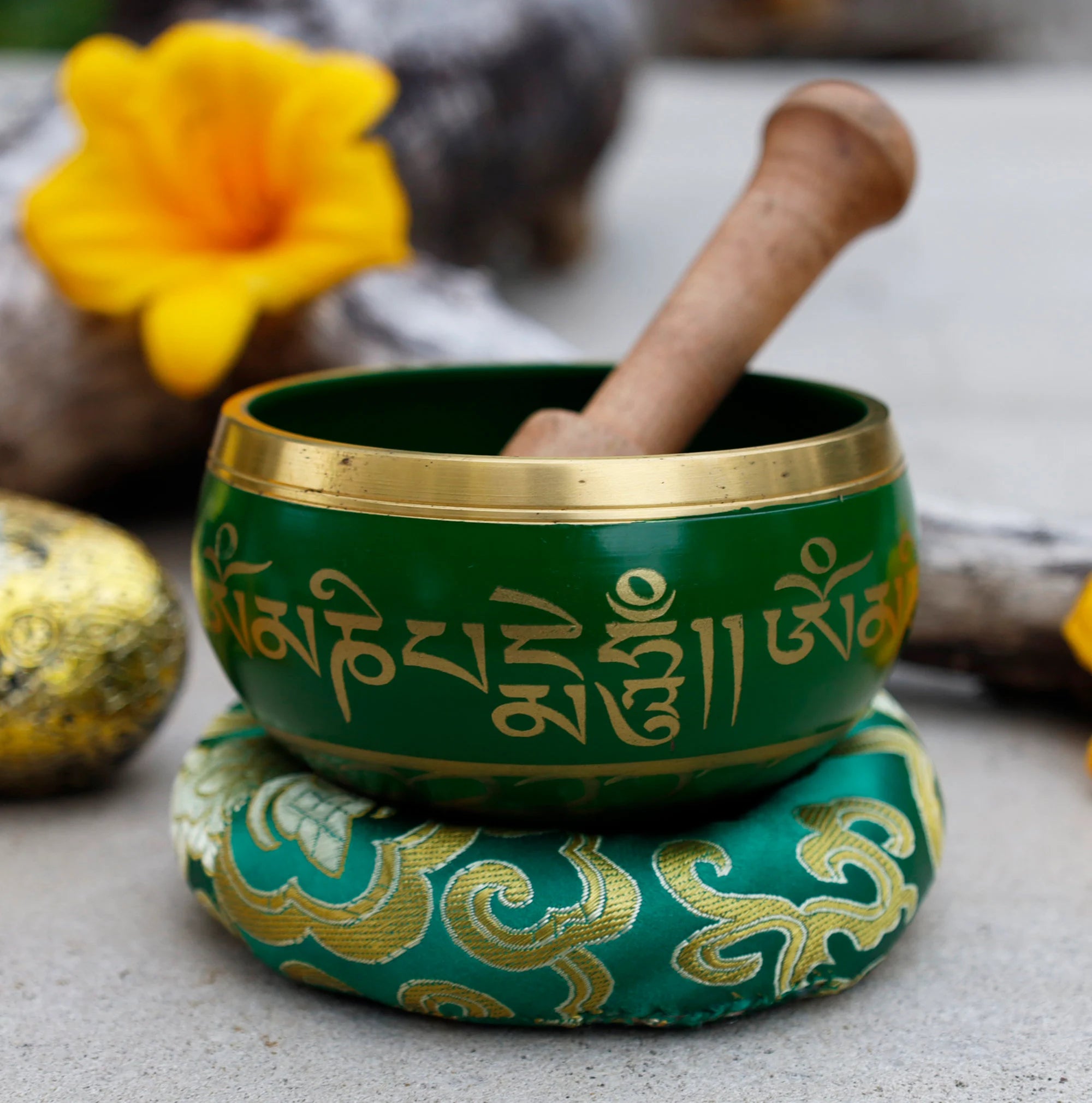 Dark Purple Tibetan Singing Bowl Set with Om Mani Padme Hum | 3.25 Inch Meditation Bowl with Rosewood Mallet & Cushion - DharmaObjects
