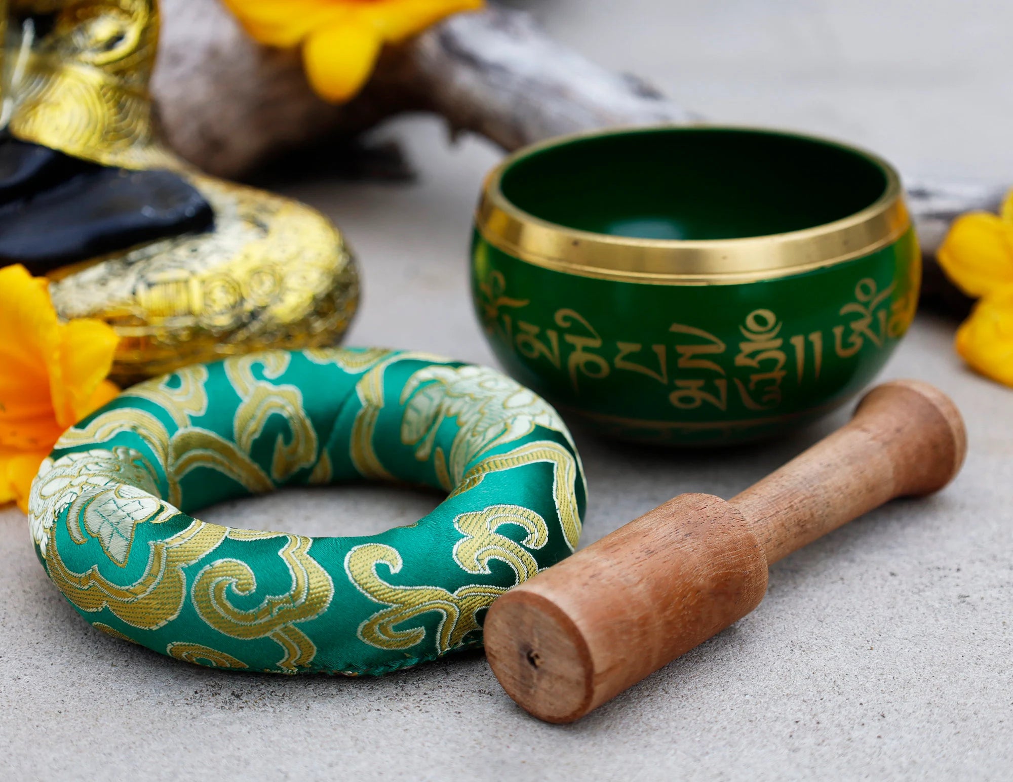 Dark Purple Tibetan Singing Bowl Set with Om Mani Padme Hum | 3.25 Inch Meditation Bowl with Rosewood Mallet & Cushion - DharmaObjects