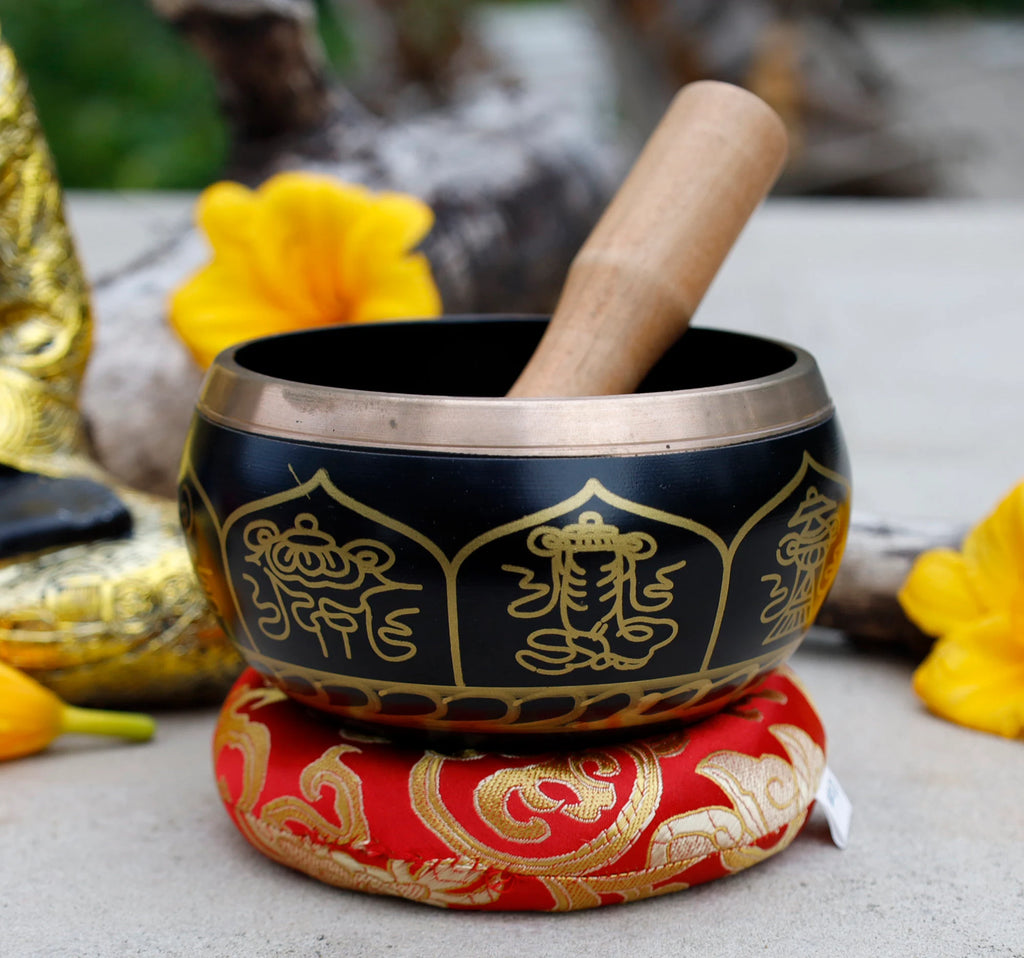 Large Tibetan Singing Bowl Set with 8 Lucky Symbols | 5 Inch Meditation Bowl with Suede Mallet, Donut Cushion & Prayer Flags - DharmaObjects