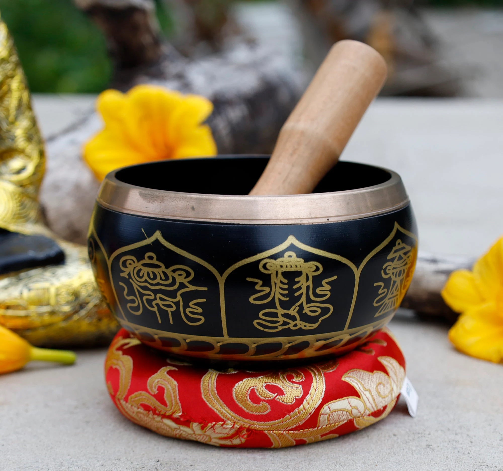 Large Tibetan Singing Bowl Set with 8 Lucky Symbols | 5 Inch Meditation Bowl with Suede Mallet, Donut Cushion & Prayer Flags - DharmaObjects