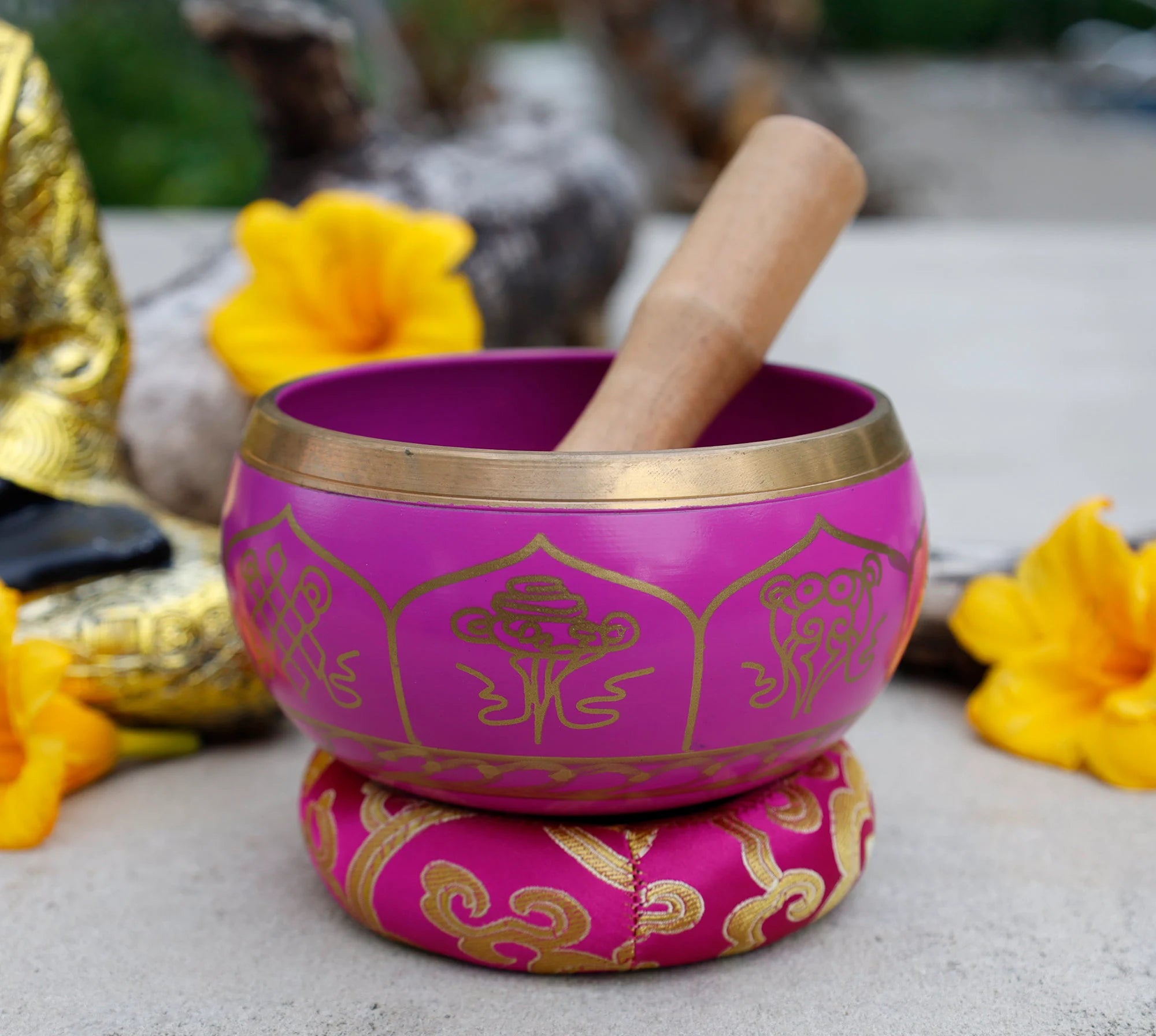 Large Tibetan Singing Bowl Set with 8 Lucky Symbols | 5 Inch Meditation Bowl with Suede Mallet, Donut Cushion & Prayer Flags - DharmaObjects