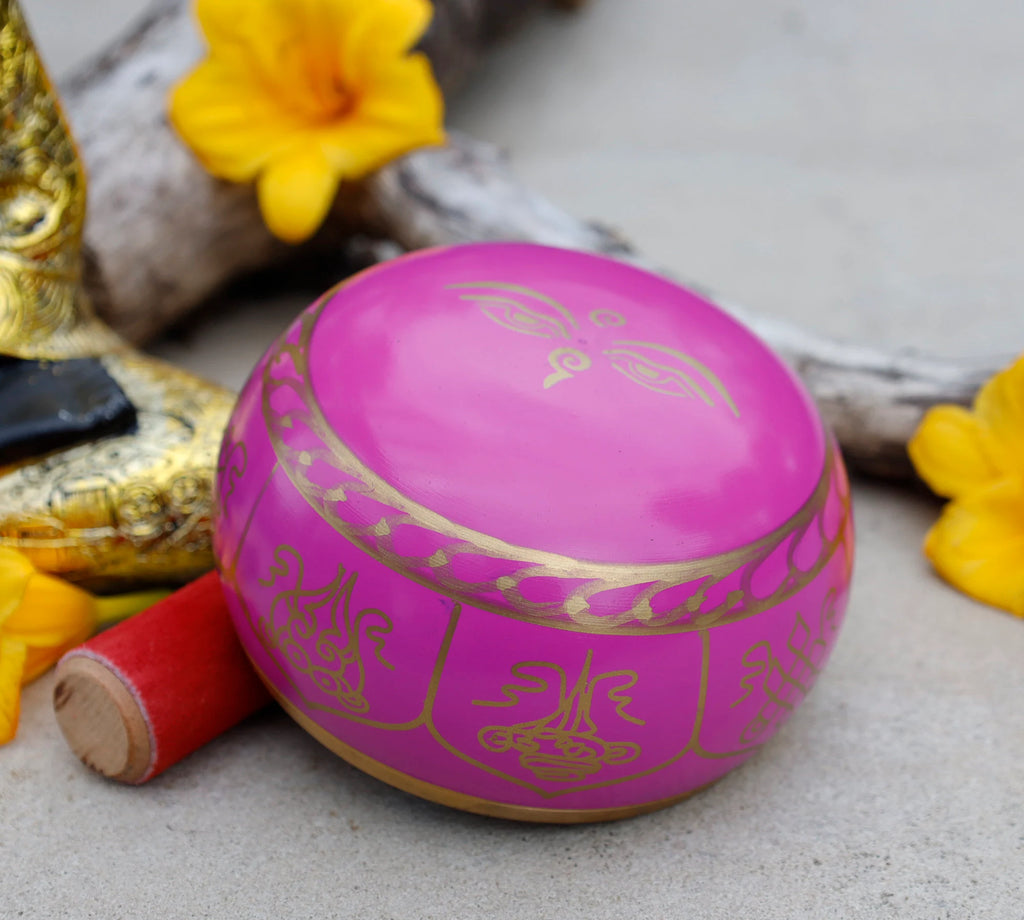 Large Tibetan Singing Bowl Set with 8 Lucky Symbols | 5 Inch Meditation Bowl with Suede Mallet, Donut Cushion & Prayer Flags - DharmaObjects