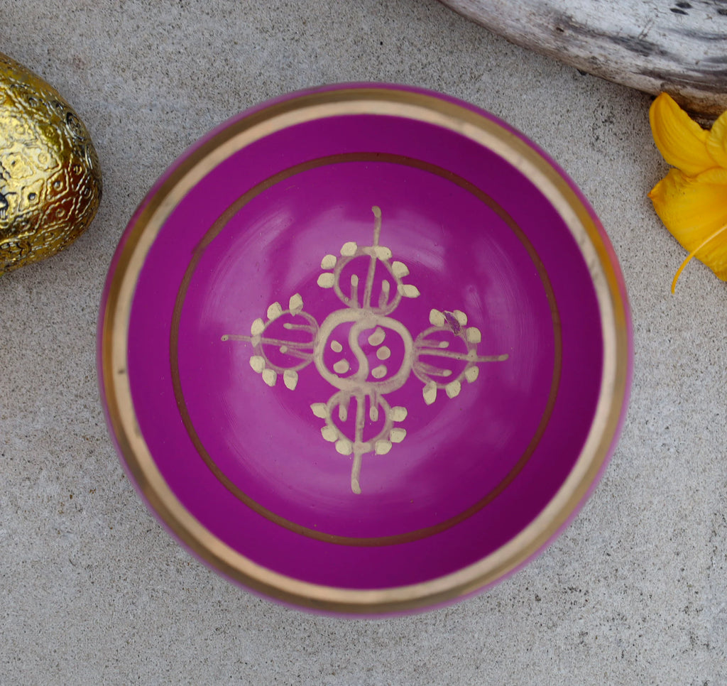 Large Tibetan Singing Bowl Set with 8 Lucky Symbols | 5 Inch Meditation Bowl with Suede Mallet, Donut Cushion & Prayer Flags - DharmaObjects