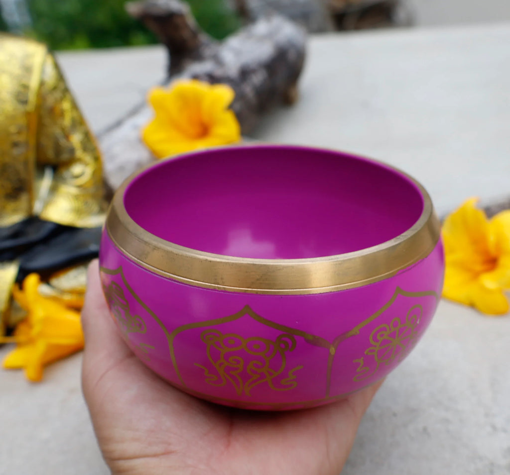 Large Tibetan Singing Bowl Set with 8 Lucky Symbols | 5 Inch Meditation Bowl with Suede Mallet, Donut Cushion & Prayer Flags - DharmaObjects
