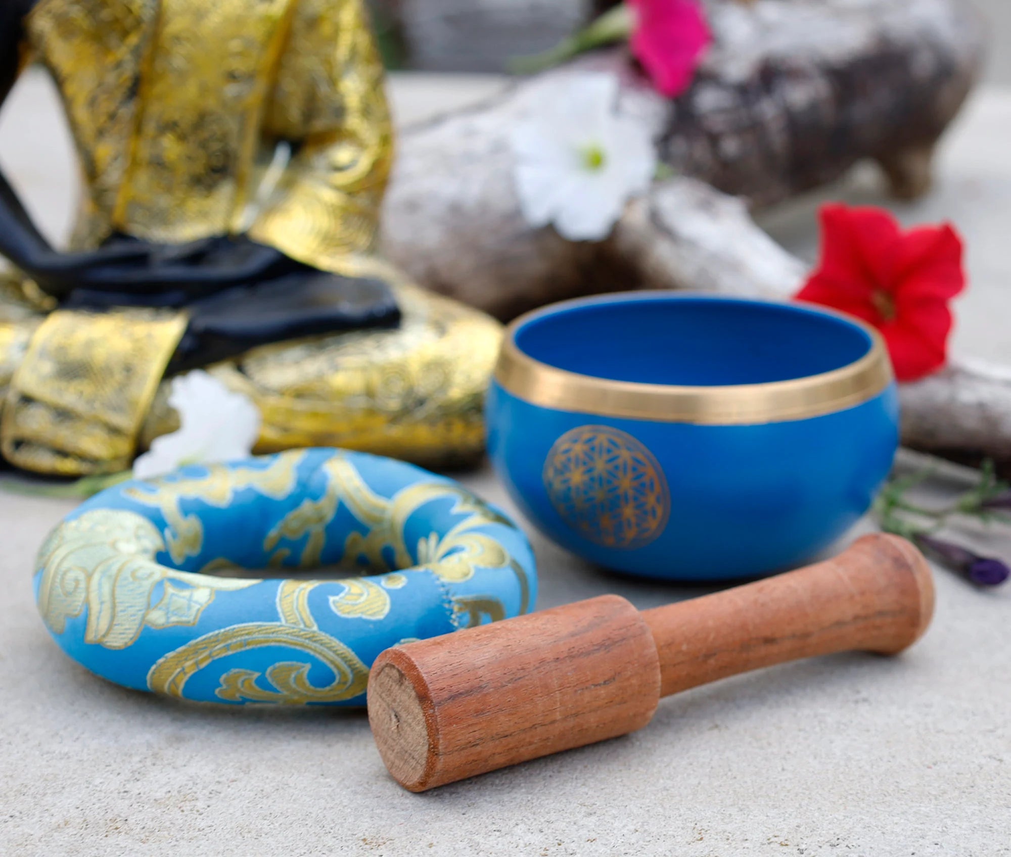 Tibetan Flower of Life Singing Bowl Set | 4 Inch Meditation Bowl with Mallet & Cushion | Handcrafted in India - DharmaObjects