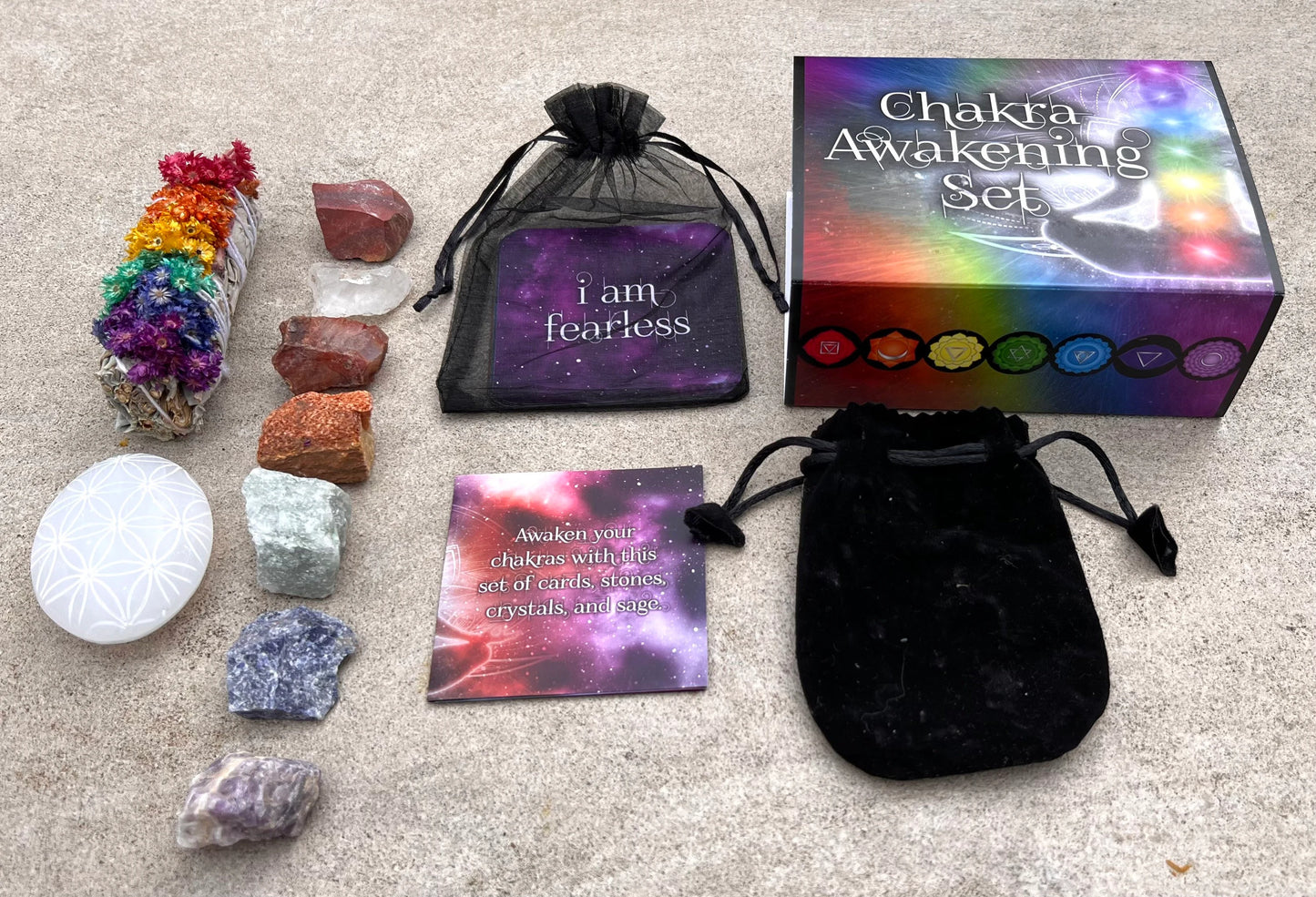 Chakra Awakening Set -  7 Chakra Stones Healing Crystals Set, Chakra Sage, Selenite Palm Stone, Chakra Card Set, Awakening Guide.