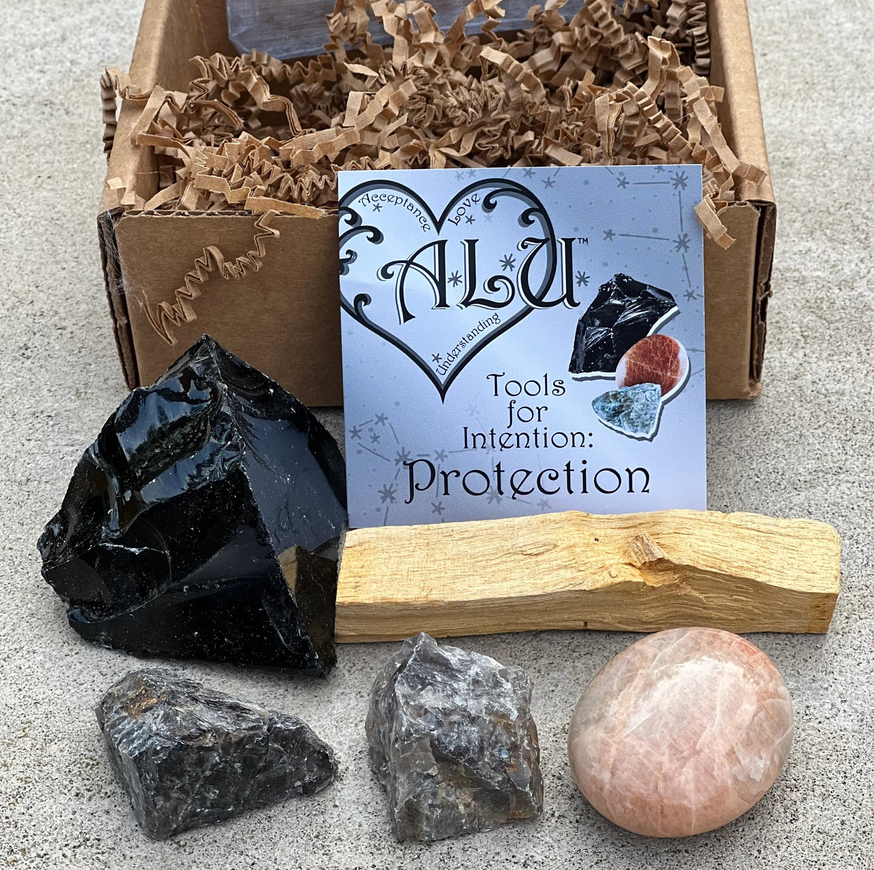 Meditation Protection Box -  1. Guided Meditation , 2 Rough Smoky Quartz, 1 Palo Santo, 1 Obsidian and 1 Moonstone Palmstone.