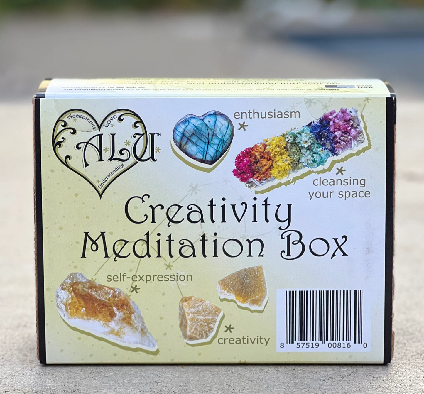 Meditation Creativity Box -  1. Guided Meditation , 2 Rough Yellow Aventurine, 1 Rainbow Sage, 1 Citrine Crystal and 1 Labradorite Heart.