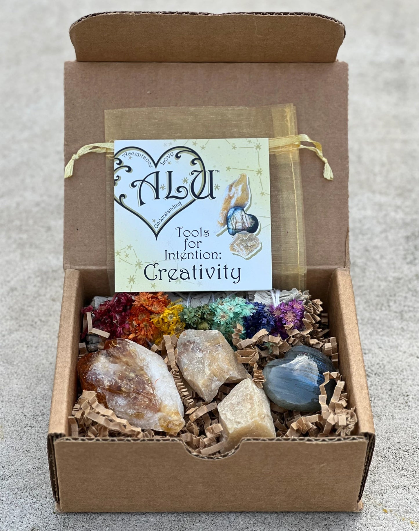 Meditation Creativity Box -  1. Guided Meditation , 2 Rough Yellow Aventurine, 1 Rainbow Sage, 1 Citrine Crystal and 1 Labradorite Heart.