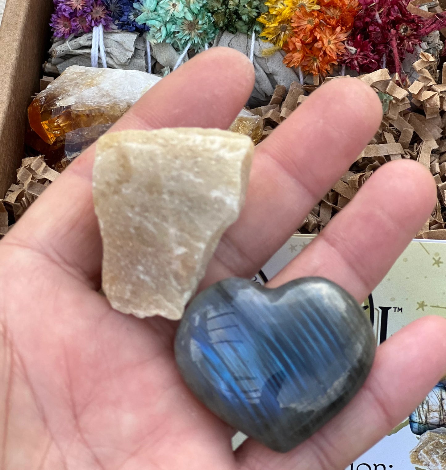 Meditation Creativity Box -  1. Guided Meditation , 2 Rough Yellow Aventurine, 1 Rainbow Sage, 1 Citrine Crystal and 1 Labradorite Heart.