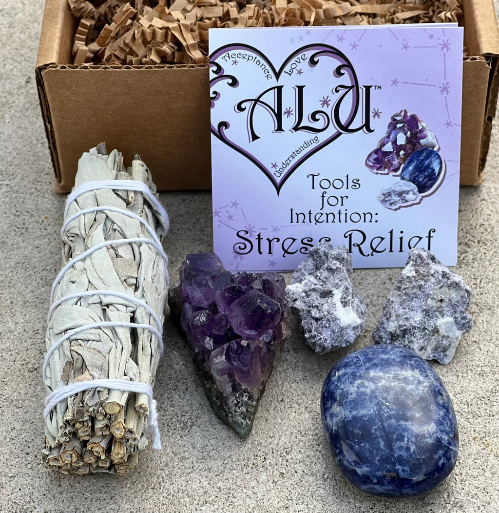 Meditation Stress Relief Set -  1. Guided Meditation , 2 Rough Lepidolite, 1 White Sage, 1  Amethyst Crystal and 1 Sodalite Palm-stone. - DharmaObjects