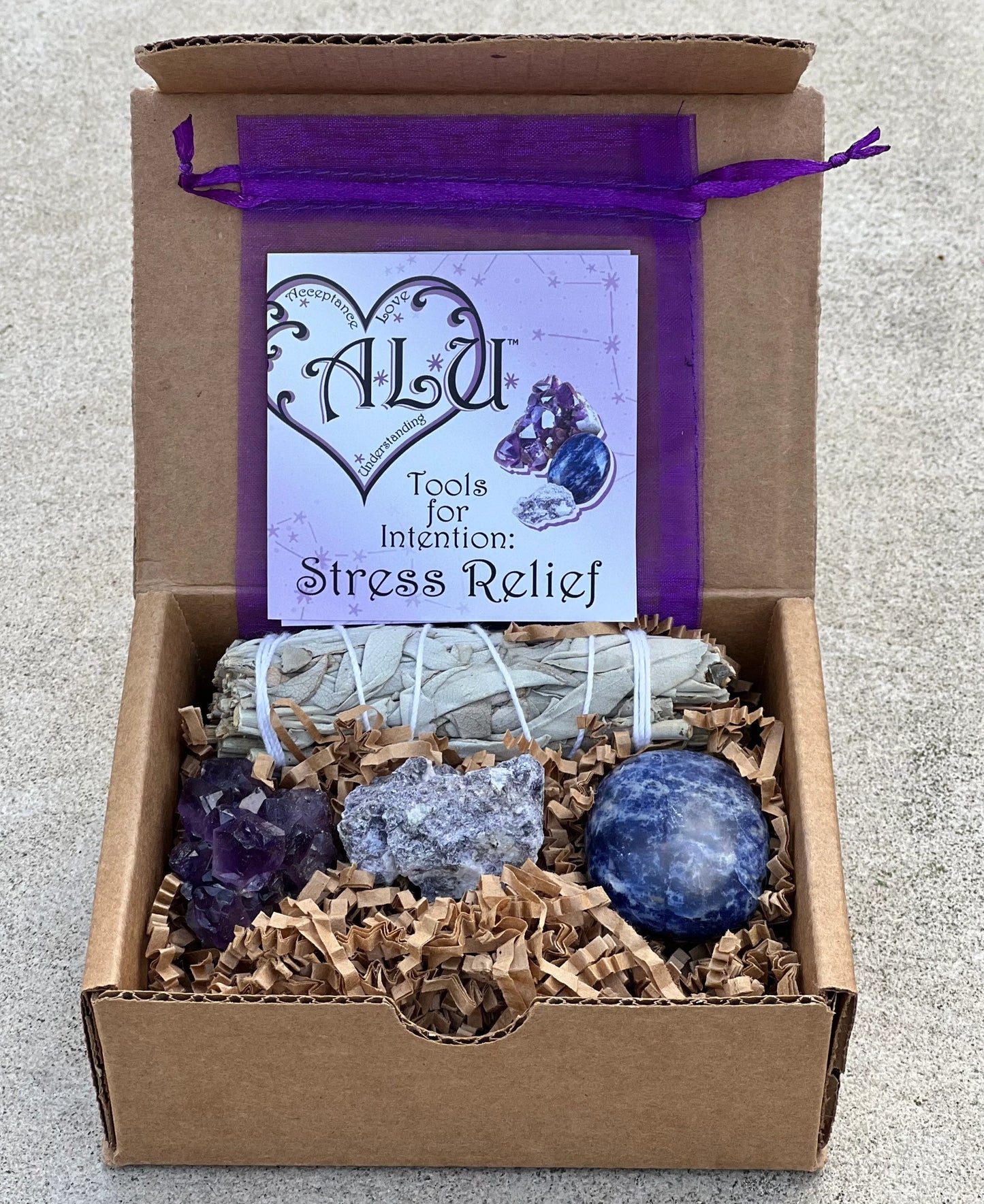 Meditation Stress Relief Set -  1. Guided Meditation , 2 Rough Lepidolite, 1 White Sage, 1  Amethyst Crystal and 1 Sodalite Palm-stone.