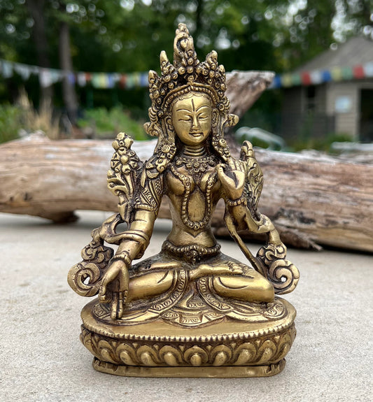 White Tara Female Buddha Statue Solid Brass for Home Altar Shrine Meditation Room 6 Inches Tall