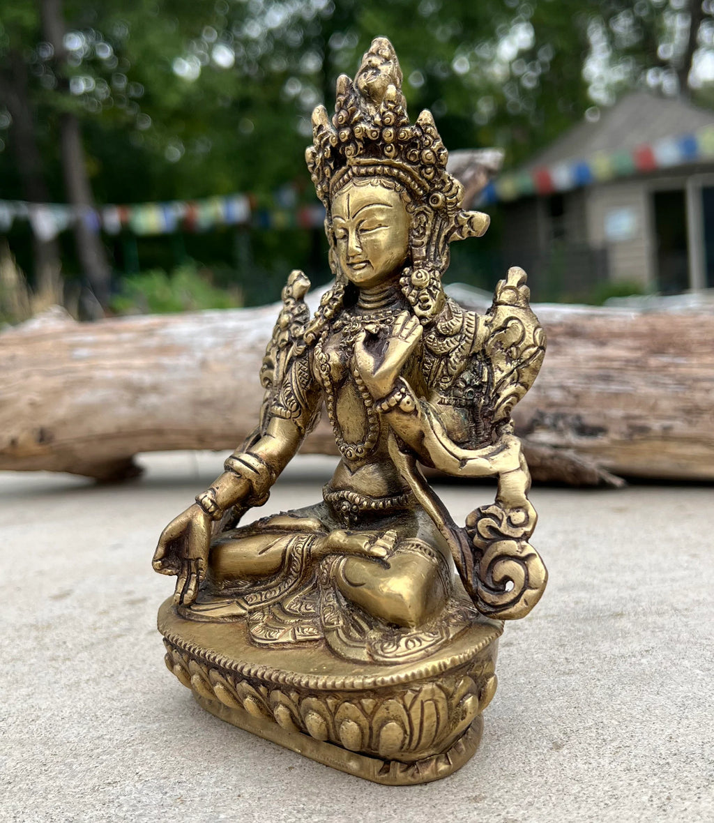 White Tara Female Buddha Statue Solid Brass for Home Altar Shrine Meditation Room 6 Inches Tall - DharmaObjects