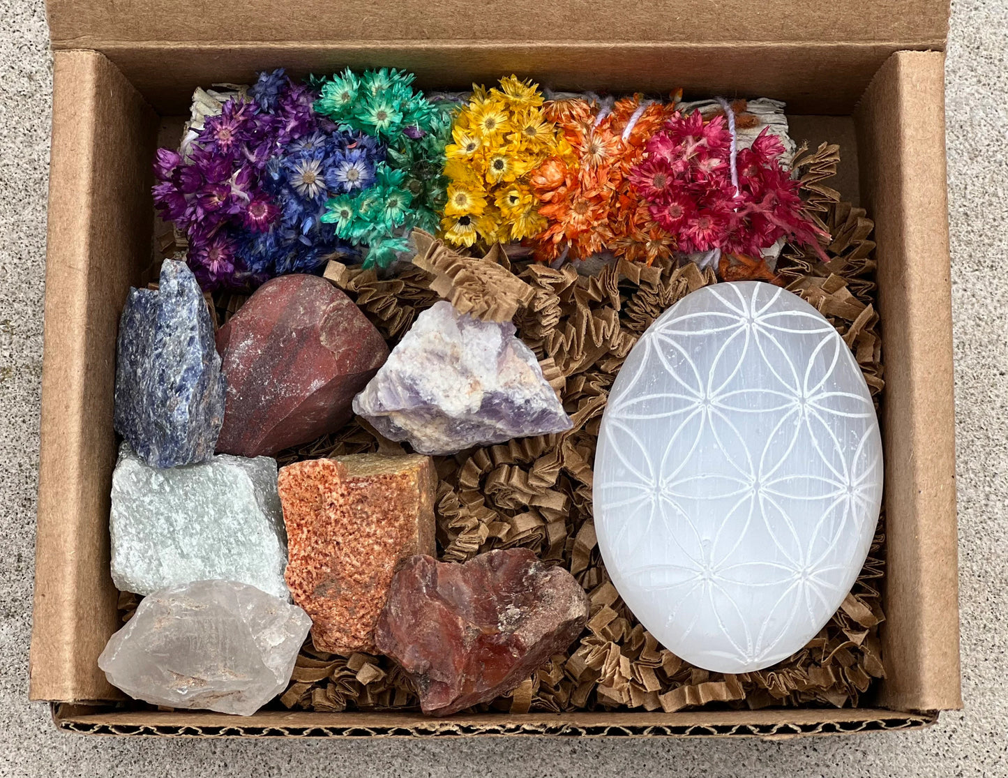 Chakra Awakening Set -  7 Chakra Stones Healing Crystals Set, Chakra Sage, Selenite Palm Stone, Chakra Card Set, Awakening Guide.