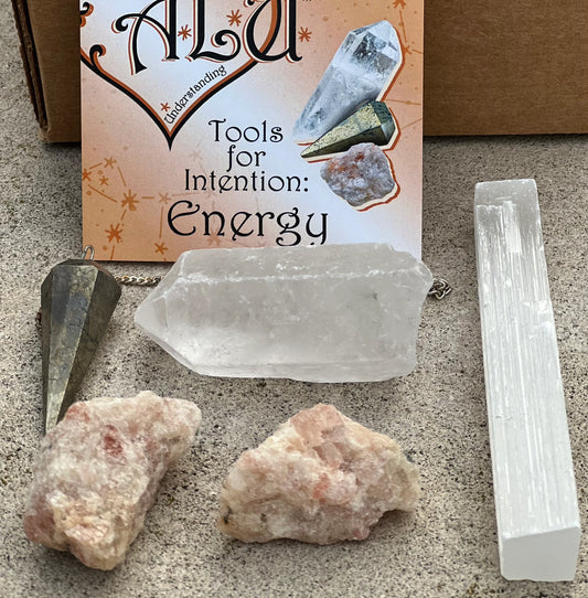 Meditation Energy Set -  1. Guided Meditation , 2 Rough Sunstones, 1 Selenite Stick, 1 Clear Quartz Crystal and 1 Pyrite Pendulum.