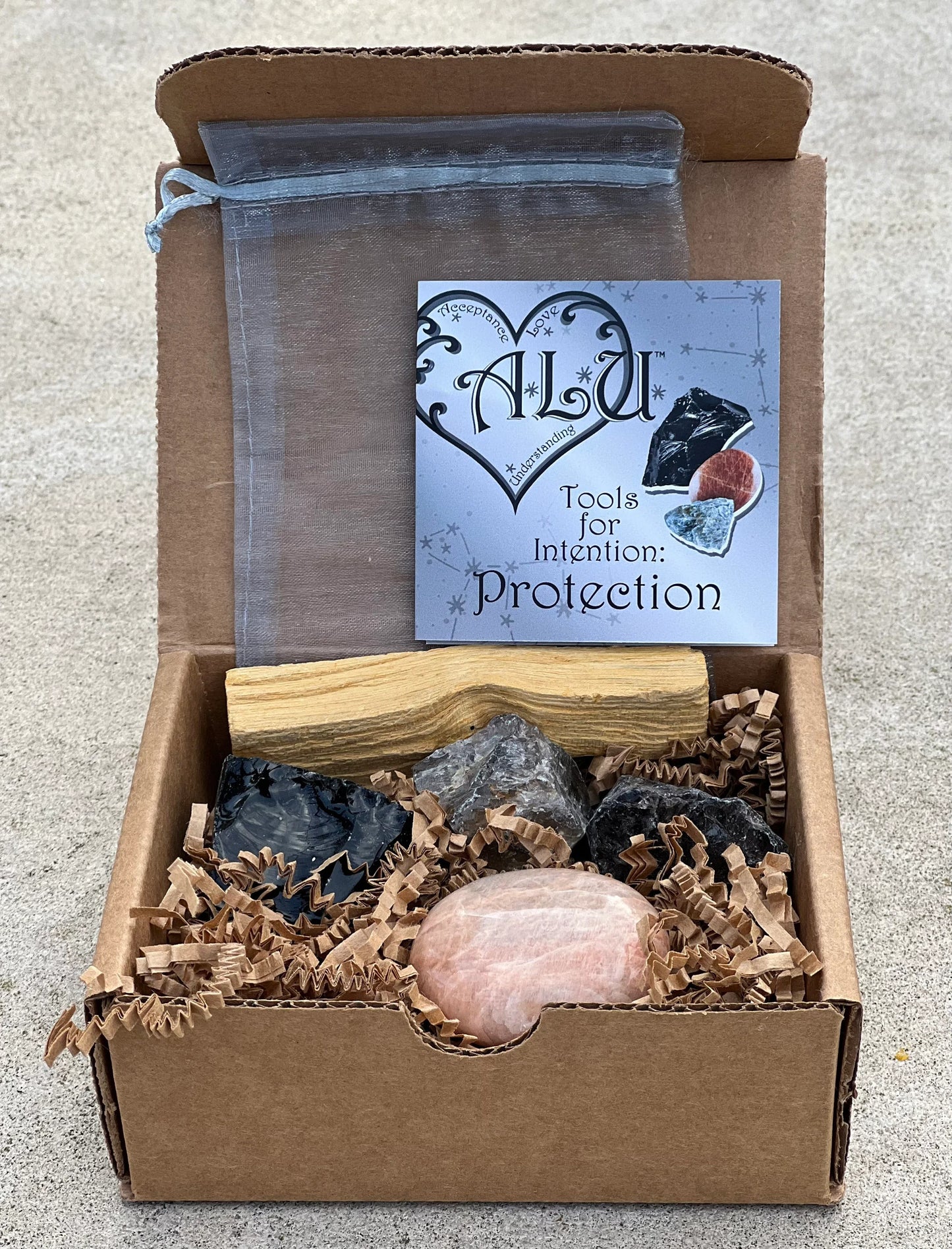 Meditation Protection Box -  1. Guided Meditation , 2 Rough Smoky Quartz, 1 Palo Santo, 1 Obsidian and 1 Moonstone Palmstone.