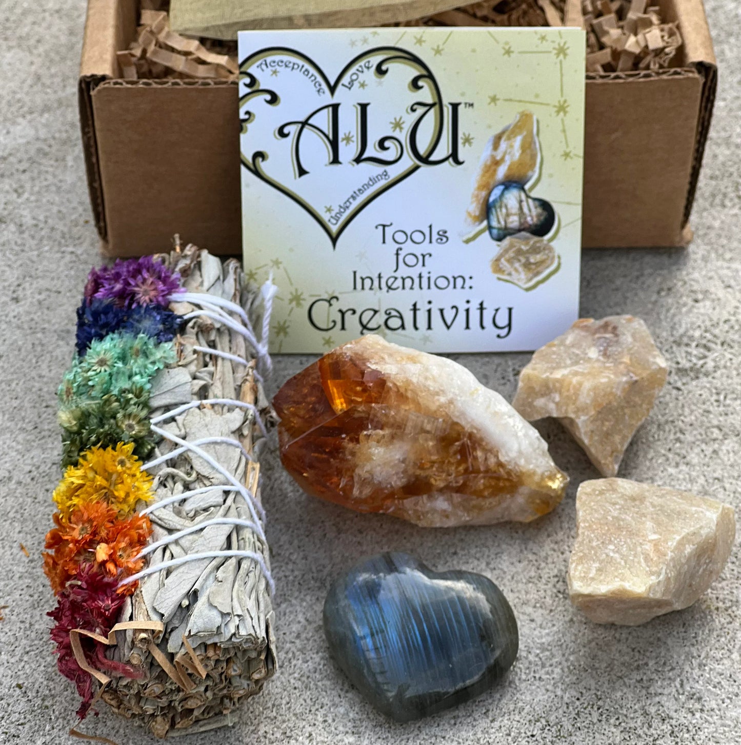 Meditation Creativity Box -  1. Guided Meditation , 2 Rough Yellow Aventurine, 1 Rainbow Sage, 1 Citrine Crystal and 1 Labradorite Heart.