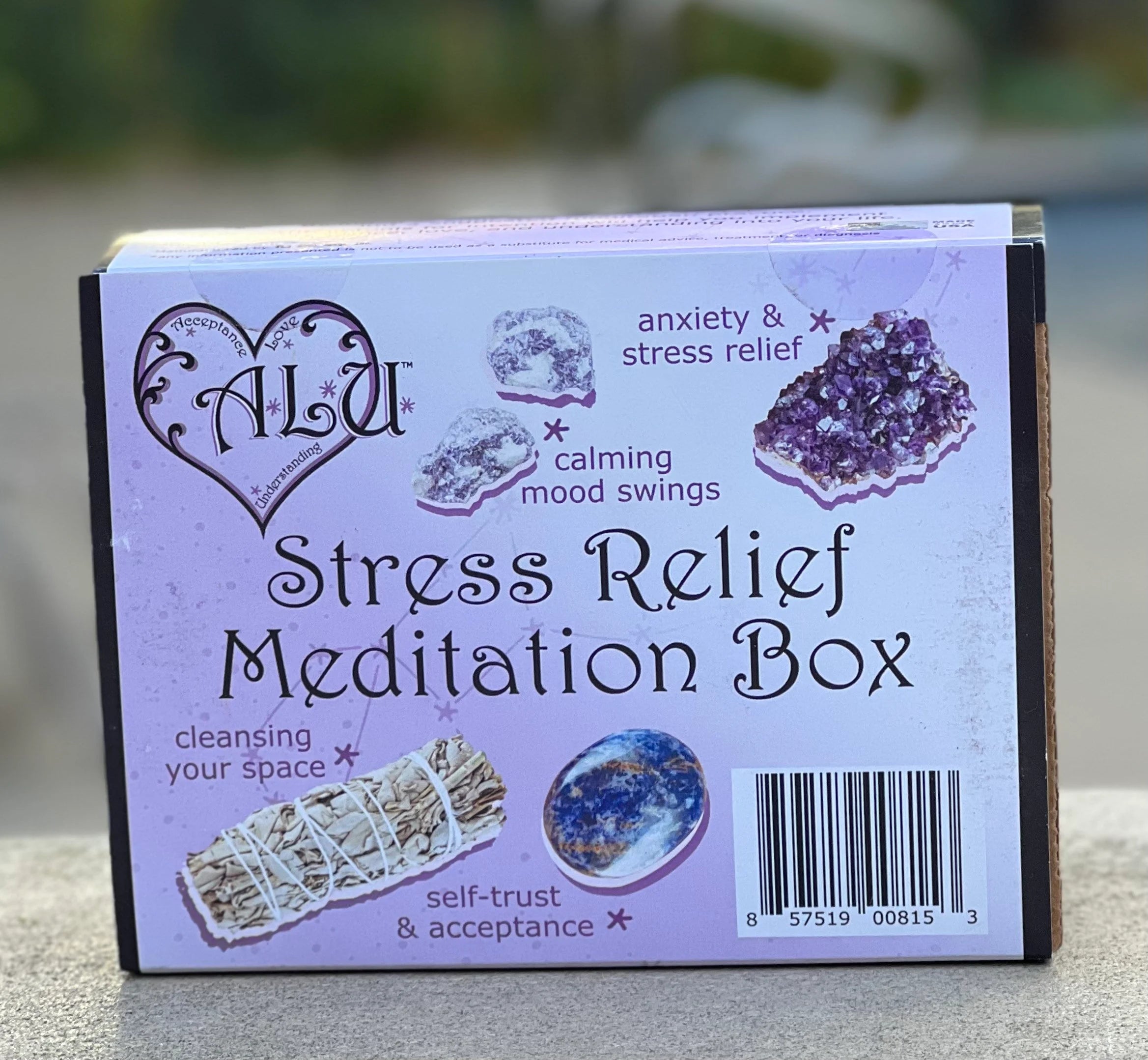Meditation Stress Relief Set -  1. Guided Meditation , 2 Rough Lepidolite, 1 White Sage, 1  Amethyst Crystal and 1 Sodalite Palm-stone. - DharmaObjects