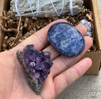 Meditation Stress Relief Set -  1. Guided Meditation , 2 Rough Lepidolite, 1 White Sage, 1  Amethyst Crystal and 1 Sodalite Palm-stone. - DharmaObjects