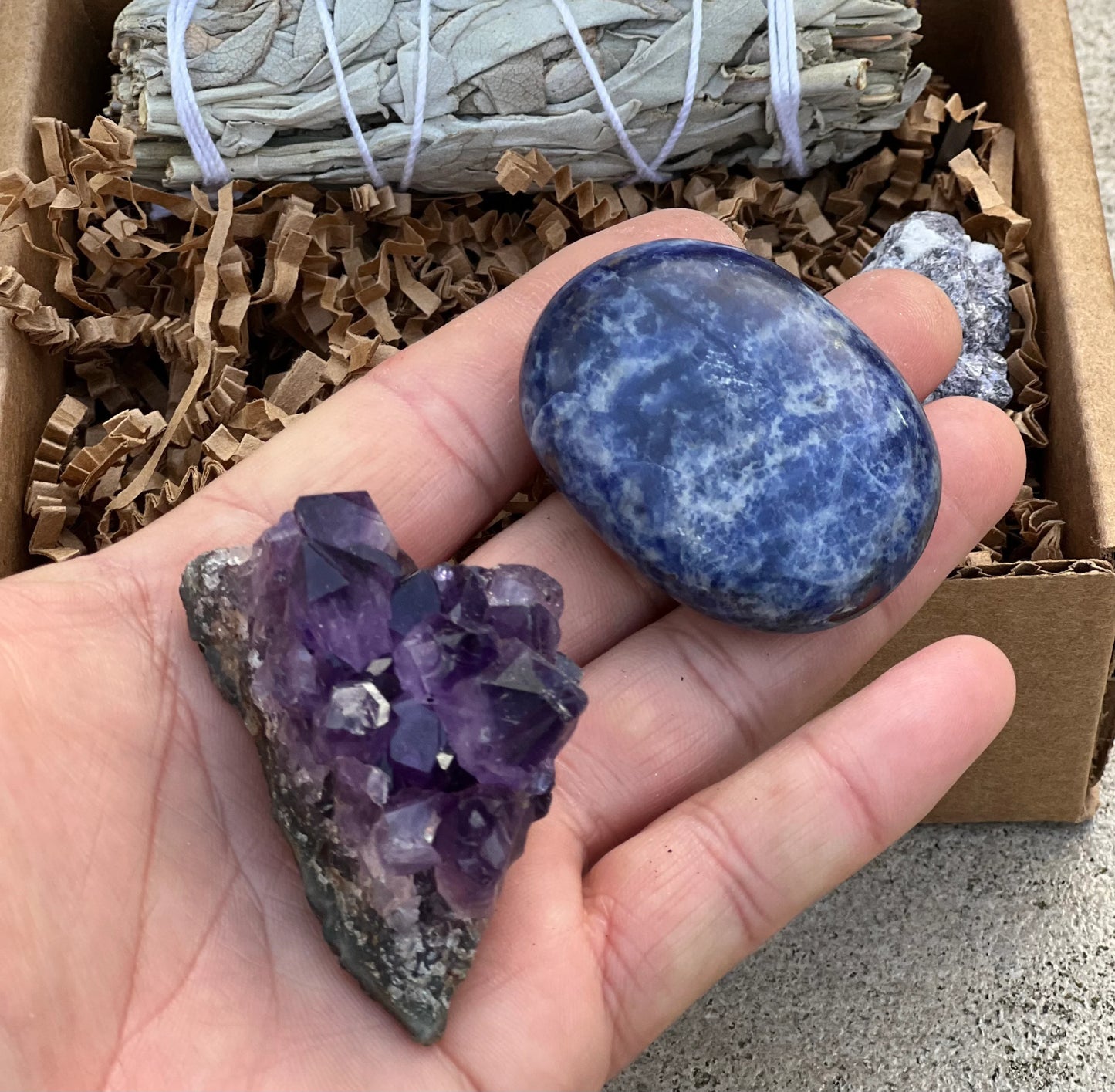 Meditation Stress Relief Set -  1. Guided Meditation , 2 Rough Lepidolite, 1 White Sage, 1  Amethyst Crystal and 1 Sodalite Palm-stone.