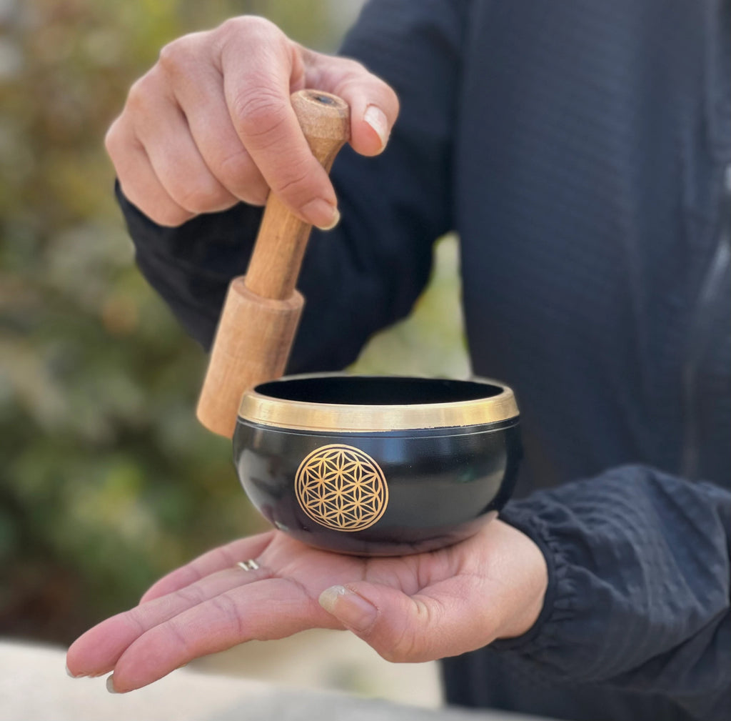 Tibetan Flower of Life Singing Bowl Set | 4 Inch Meditation Bowl with Mallet & Cushion | Handcrafted in India - DharmaObjects