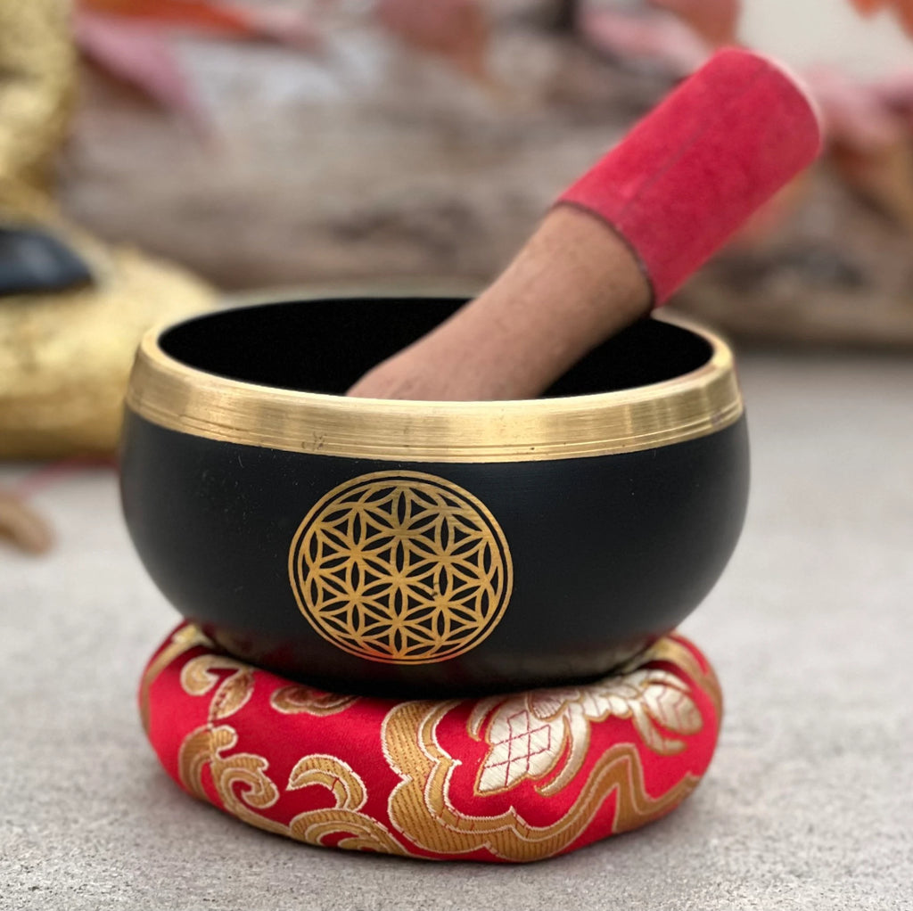 Medium Tibetan Flower of Life Singing Bowl Set | 4.5 Inch Meditation Bowl with Mallet & Cushion | Handcrafted India - DharmaObjects